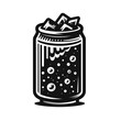 Cold cola jar with ice cubes. Black and white vector illustration, beverage drink icon design, generative ai