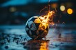 A soccer ball engulfed in flames and lightning streaking through the night sky against a backdrop of blue and orange