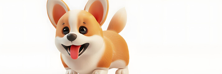 Wall Mural - Simple fat cute funny kawaii fluffy cartoon orange corgi puppy, dot eyes, red tongue sticking out of mouth in standing playful pose. Lovely adorable pet minimal style. 3d render isolated transparent.