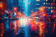 blurred urban background, city at rainy night, road and the traffic lights