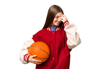 Poster - Teenager girl playing basketball over isolated chroma key background laughing