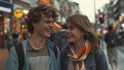 Canvas Print - A man and a woman are smiling at the camera in a busy city street