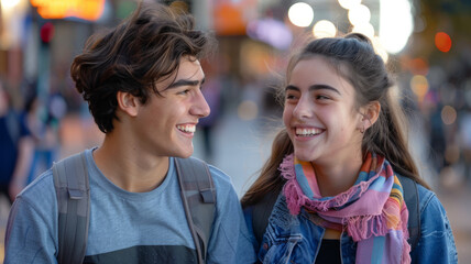 Wall Mural - Teenage girl and boy having fun.