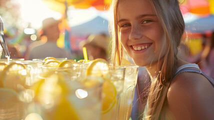 Wall Mural - A blonde teenage girl sells cold lemonade.