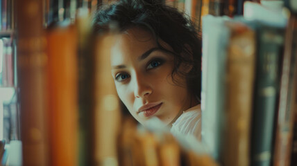 Wall Mural - A pretty brunette woman in a library.