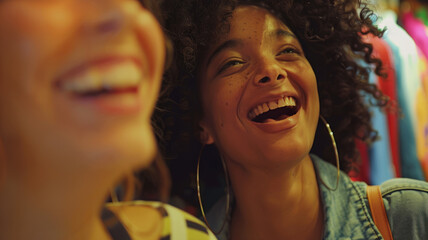 Wall Mural - Two happy young female friends laughing together.