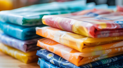 Poster - Closeup of a bundle of colorful beeswax wraps, a sustainable alternative to singleuse plastic wrap for storing food.