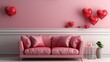 © Noman Soofi - Interior of living room with sofa and decor for Valentine's Day with pink and red hearts.