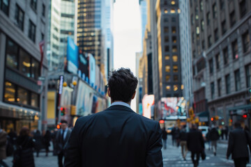 A businessman in a black suit walking down a busy city street with tall buildings in the background