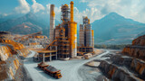 Fototapeta  - Majestätische Zementfabrik in einer abgelegenen Bergbauumgebung mit markanten gelben und grauen Silos unter dramatischem blauem Himmel
