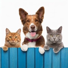 cats and dog on fence