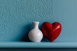 A red heart and white vase on a blue shelf, making a simple yet profound statement about love and modern aesthetics, with room for text