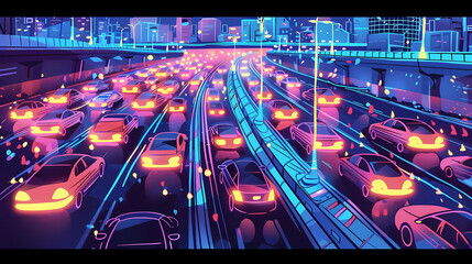 Ilustrative vector graphic urban traffic jam of the future highway traffic at night comic style