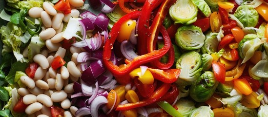 Poster - This close-up features a colorful salad filled with beans, Brussels sprouts, red peppers, and onions, creating a delightful medley of flavors and textures.