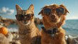 Ginger cat and dog standing on the beach in sunny lights