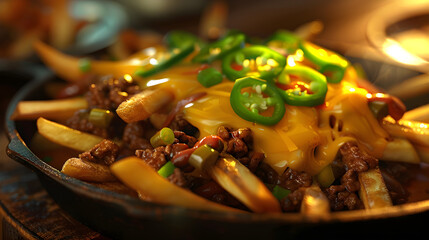 Wall Mural - Cheesy chili fries in skillet
