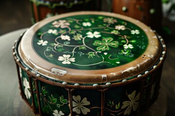 A traditional Irish music instrument, a bodhran drum, decorated with festive St. Patrick's Day symbols. 