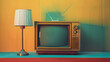 Illustration of a vintage analog television with lamp beside it on color background in 70s style