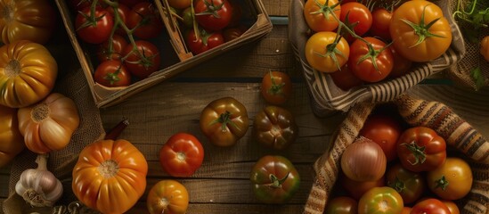 Sticker - A top-down view of several baskets brimming with a variety of multi-colored tomatoes, alongside garlic, a wooden box, and burlap. The focus is on the diverse assortment of tomatoes.