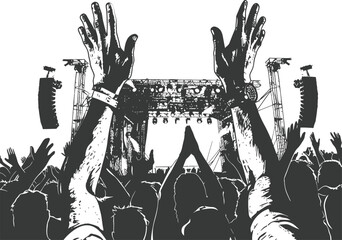 Wall Mural - Silhouette hands raised at a music festival black color only