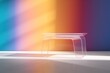 transparent plastic coffee table, minimal empty colorful space and clean, beautiful lighting and shadow.