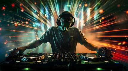 Wall Mural -  a DJ with headphones playing music in a club with laser lights behind