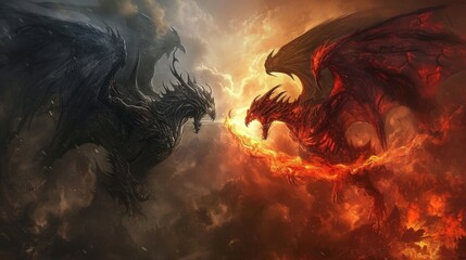 Poster - Two dragons fly at each other in dark clouds with fire