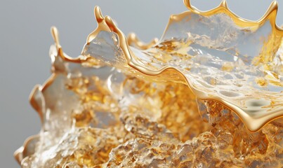 Wall Mural - Golden splash, wave on a gray background. Abstract, futuristic background design, modern illustration.