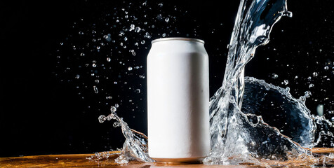 plain soda can mock up product isolated in solid background with splash of water on it, copy space for text.