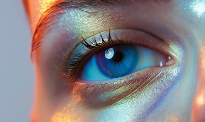 Wall Mural - Close-up of a woman's eye with holographic glitter.