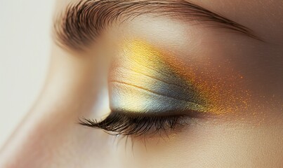 Wall Mural - Close-up of a woman's closed eye with holographic makeup.