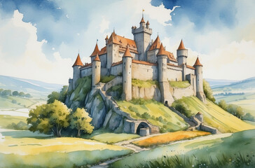 old castle landscape watercolor background