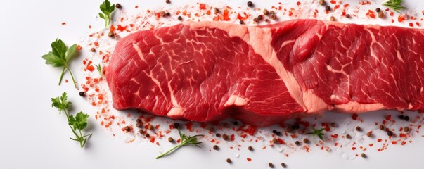 Raw meat beef steak on light luxury stone table, top view food banner. Generative Ai.