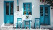 Greek culture with traditional white and blue greek architecture, taverna