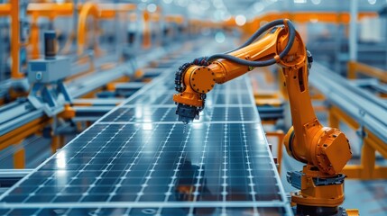 Fototapete - Industrial robotic arm on a production line in a modern solar panel factory