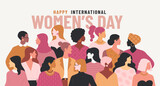 Fototapeta Panele - Happy International Women's Day concept. Vector horizontal illustration in modern flat style of a big group of diverse multiracial women. Isolated on white background