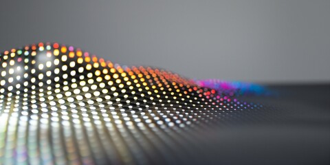 Wall Mural - Colorful transparent iridescent ribbon shape. Modern flowing fluid geometric element with refraction gradient. Gray background with dots.