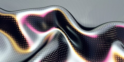 Wall Mural - Multi colored flowing abstract iridescent wave shape. Gray background with dots.