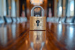 Internal meetings and padlocks where confidentiality is paramount. The conference room has strict security to protect information. Confidentiality and information leakage concept.