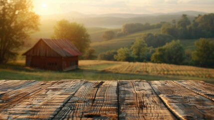 Poster - Warm sunset over a rustic wooden table with a blurred barn in the background