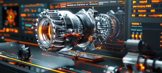 Engineering designer design 3D CAD software program Industrial engine model mechanical dimensional digital manufacturing factory engineer computer screen. 3d rendering.