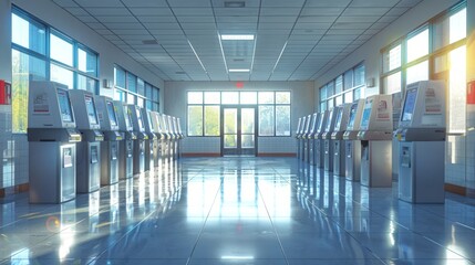 Row of electronic voting machines in a sunlit empty polling station. Concept of elections, modern democracy, electoral technology, and civic participation.