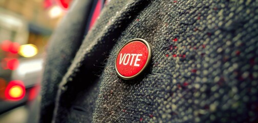 Close up of a round VOTE button on a coat with a blurred street background. Male voter. Concept of elections, personal voter expression, political awareness, active citizenship