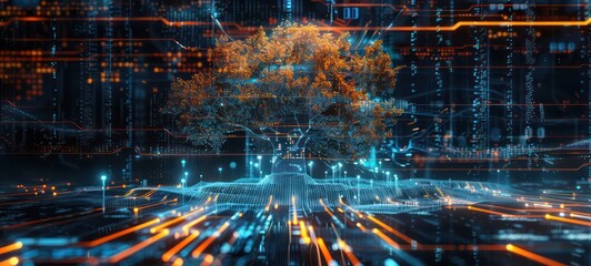 Abstract technological background. Futuristic illustration of high computer and communication technologies on a blue background. High tech digital technology, global social media concept.