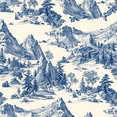 Pointy mountain tops with trees on white background as toile de jouy seamless repeating pattern