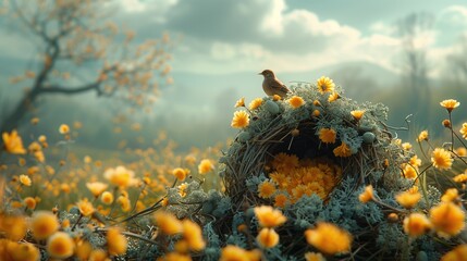 Wall Mural - Little bird sitting on the nest with yellow flowers and blue sky background