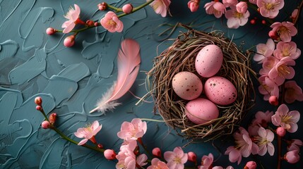 Wall Mural - Easter eggs in a nest with pink flowers on a blue background