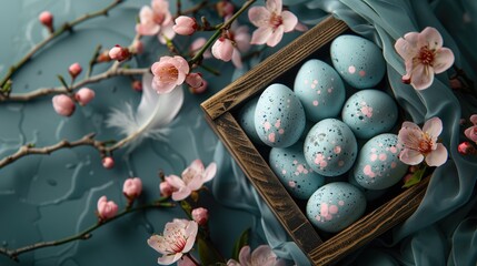 Wall Mural - Easter eggs painted in pastel colors in a wooden box on a blue background with pink flowers.