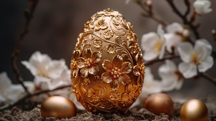 Wall Mural - Golden Easter egg with spring flowers on rustic background. Happy Easter.