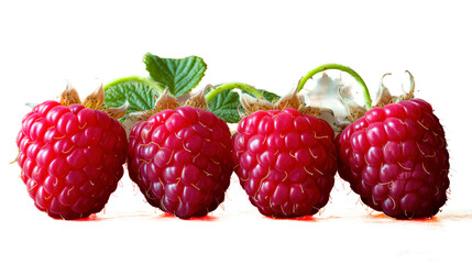 Linear Arrangement Of Five Vibrant, Freshly-Picked Raspberries With Attached Green Leaves